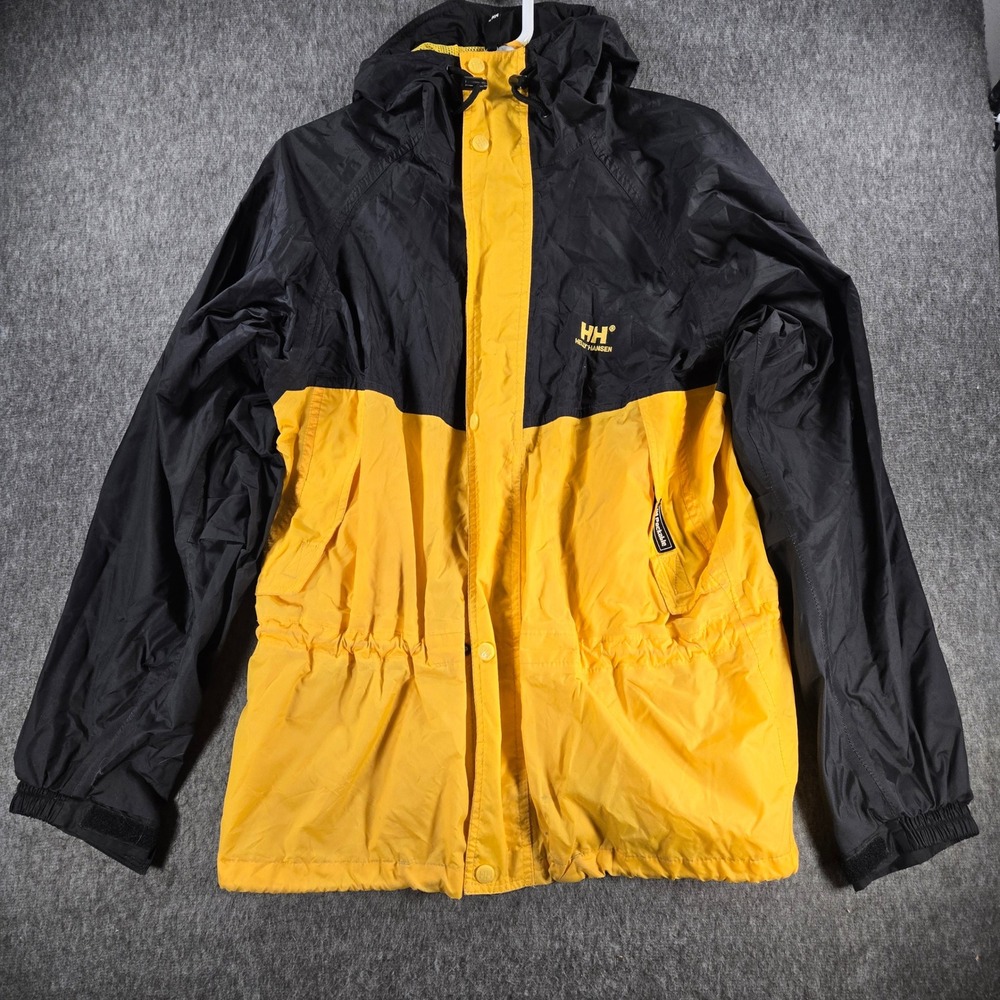 Helly Hansen Rain Jacket Mens Small Yellow Black Hooded Packable‎ Gorpcore
